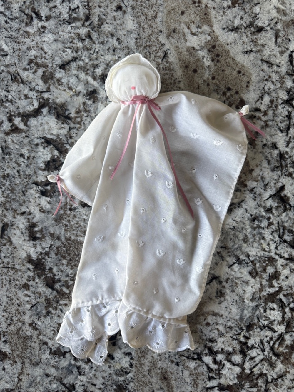 Vintage Church Doll White Embroidered Baby Lovey with Pink Ribbon 1960’s